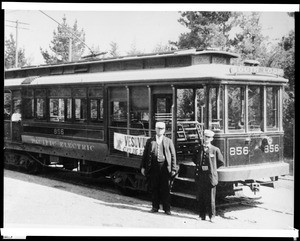 Two street car operators on the South Loop Pacific Electric Railway on Altadena Drive, 1909