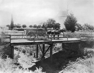 A horse-drawn carriage crossing a bridge on Franklin Avenue near Bronson Street, Hollywood, California, 1905