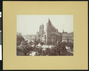 Exterior view of the Post Office, Electric Tower, and Saint Josephs Church, San Jose, California, ca.1900