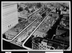 Panoramic view of Los Angeles Civic Center, showing outlined extension, ca.1920