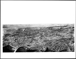 Drawing of a panoramic view of Los Angeles, looking south from Elysian Park, ca.1885-1886