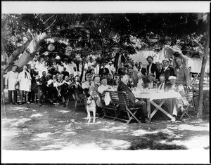 Group portrait of the Sunset Club at an outdoor banquet, ca.1910