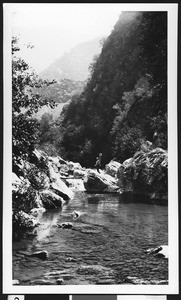 Man waving his hat on the riverbank of the San Gabriel River, ca.1950