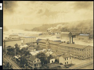 A panoramic view of Willamette River, Willamette Fals and Portland Genereal Electric Co. in Oregon City, Oregon, after 1895