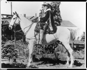 Portrait Ygnacio Alvarado on horseback at the San Bernardino Mission Assistencia, ca.1880