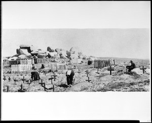 View of a Cahuilla Indian graveyard showing Ramona at Alessandro's grave, ca.1900