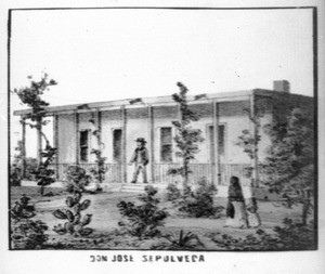 Lithograph depicting the residence of Don Jose Sepulveda, 1870