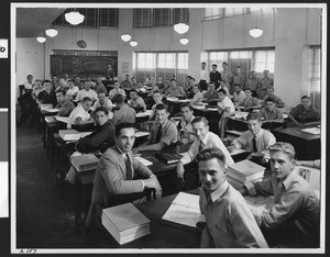 Large group of male students in a theory class on aeronautics, ca.1940