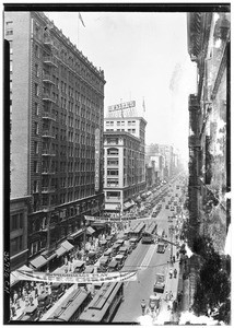 View of Broadway showing banners and the Loew's State Theatre