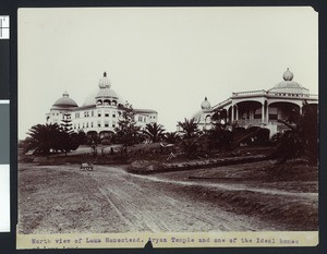 North view of the Loma Homestead, Aryan Temple, and Ideal Homes exteriors at the Theosophical Institute in Point Loma, ca.1890
