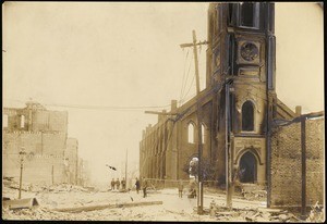 San Francisco earthquake damage, showing the ruins of Saint Mary's Church and Chinatown viewed from California and Dupont Streets, 1906