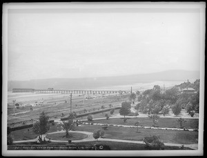 Bird's eye view of Long Beach Park and North Shore showing first pier and bath house, ca.1889-1890