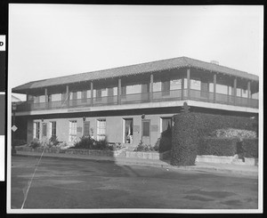 Exterior view of a building on the site of the old Aguirre house on De la Guerra Street, Santa Barbara, ca.1935