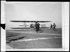 Wright biplane on the runway at the Dominguez Hills Air Meet, 1912