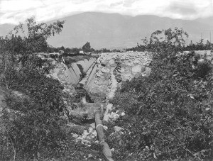 Small canal and waterpipe to the water supply of the San Fernando Mission, San Fernando Valley, California, 1910