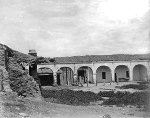 Exterior view of the Mission San Juan Capistrano taken by photographer Edward Vischer, before 1875