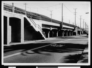 Pacific Electric grade separation over Mission Road, showing detail of north end of structure, May 5, 1937