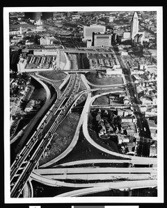 Aerial view of the Los Angeles Civic Center area and surrounding freeways, ca.1950-1959