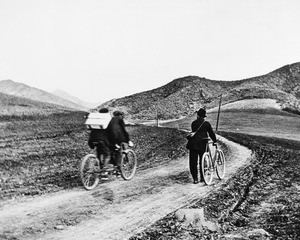 Three cyclists on the Cahuenga Pass, Los Angeles, ca.1897