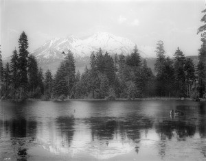 View of Mount Shasta overlooking a lake, Siskiyou County, ca.1900-1940