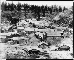 Birdseye view of Hang Town (Placerville), showing the famous hanging tree to the left of the Empire building, ca. early 1850's