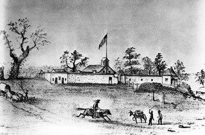 Lithographic drawing of Fort Sutter in Sacramento, ca.1850