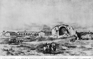 Drawing by Edward Vischer depicting the Mission San Juan Capistrano, ca.1865