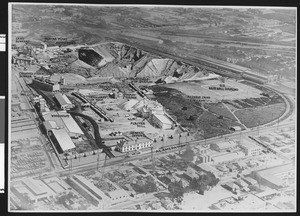 Aerial view of Blue Diamond Plaster Company, showing location of specific buildings, ca.1930