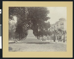 Exterior view of Saint James Hotel and park in San Jose, California, ca.1900