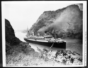 View of the ship "Resolute" in the Culebra Cut of the Panama Canal