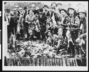 A group portrait of hunters and dead jackrabbits following Antelope Valley rabbit drive, ca.1900