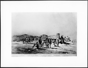 Drawing by Vischer depicting frontiersmen and Indians at the first overland stage route between San Diego and Fort Yuma, Temecula, ca.1865-1871