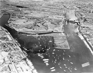 Aerial view of the Port of Los Angeles looking up the channel in the inner harbor, ca.1935