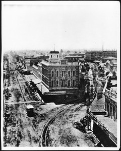 View of Los Angeles, looking south on Main Street at Spring Street, showing Temple Block, ca.1885