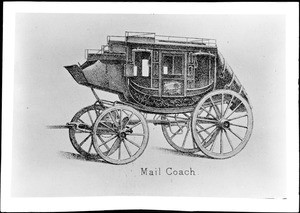 Drawing of a horse-drawn mail coach, ca.1905