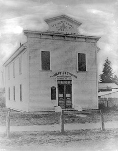 Exterior view of the (El Monte?) First Baptist Church in Southern California, Pomona, 1880-1910