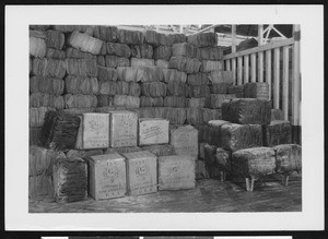 Shipment of raw rubber(?) stacked in bundles, ca.1930