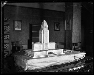 Frontal view of a model of Los Angeles City Hall, (built in 1928), ca.1920