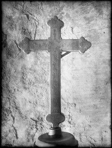 Back of a carved or engraved cross at Mission San Buenaventura, California, ca.1903