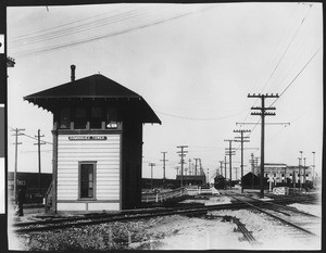 Dominguez Tower, showing a train at the station in the background, 1910
