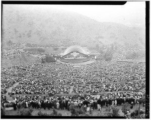 Aerial view of a sunrise Easter service at the Hollywood Bowl