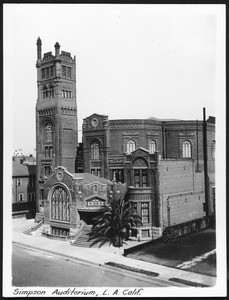 Exterior view of the Simpson Auditorium and Methodist Episcopal Church on Hope Street in Los Angeles, ca.1890-1920