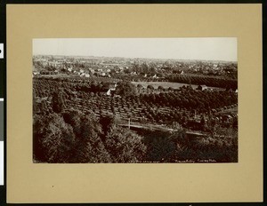 Panoramic view of Pomona looking southeast toward the Santa Fe Railway from the Palomares Hotel, before 1903