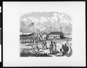 Etching of a Fourth of July celebration in Yerba Buena, 1836