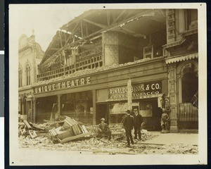 Exterior view of the Unique Theatre after the 1906 earthquake in San Jose, April,1906