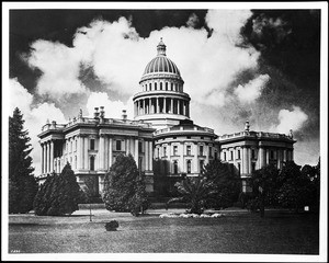 Exterior view of the California state capital building from the rear of the building, Sacramento, ca.1920