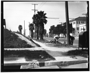 Two workers digging on the side of a road