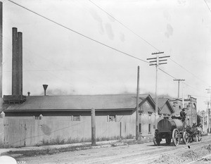 View of Second Street looking east from Boylston Street, showing the Pacific Electric Railroad Company power house, Los Angeles, ca.1900