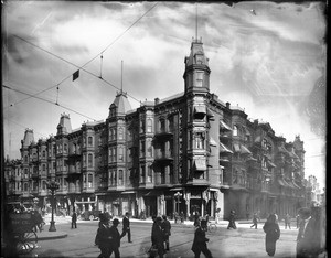 Exterior of the Westminster Hotel on the corner of Fourth Street and Main Street, Los Angeles, ca.1900