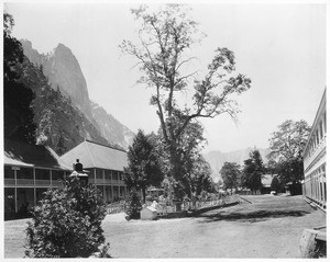 View of Sentinel Inn and its courtyard, Yosemite National Park, Mariposa County, California, ca.1900-1940